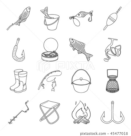 Fishing and rest outline icons in set collection for design. Tackle for fishing vector symbol stock Fishing and rest outline icons in set collection for design. Tackle for fishing vector symbol stock 45477018