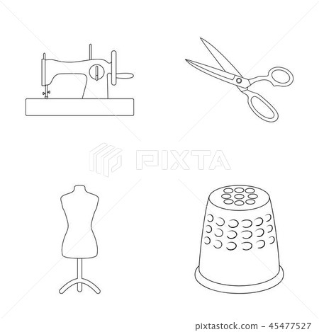 Manual sewing machine, scissors, maniken, thimble.Sewing or tailoring tools set collection icons in Manual sewing machine, scissors, maniken, thimble.Sewing or tailoring tools set collection icons in 45477527