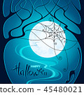 Halloween night. Dark trees, web and a cat  45480021