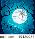 Halloween. Trees, web with spider, bats and a cat 45480022