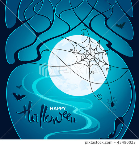 Halloween. Trees, web with spider, bats and a cat Halloween. Trees, web with spider, bats and a cat 45480022