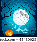 Halloween. Dark trees, pumpkin, web, spider, bats 45480023