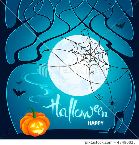 Halloween. Dark trees, pumpkin, web, spider, bats Halloween. Dark trees, pumpkin, web, spider, bats 45480023