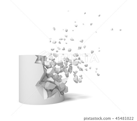 3d rendering of a solid cylinder getting destroyed with pieces flying up. 3d rendering of a solid cylinder getting destroyed with pieces flying up. 45481022