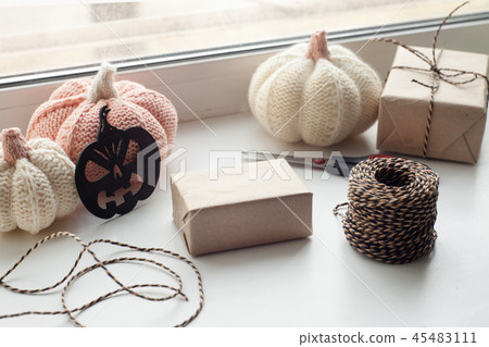 Craft halloween gift boxes on the window sill 45483111