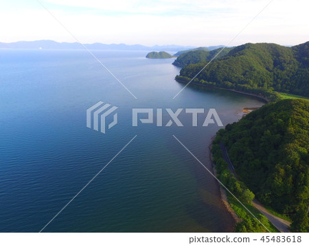 Sunset view, Lake Inawashiro-aerial view with drone (Aizu Wakamatsu City, Fukushima Prefecture Oimachi Akai Character House) 45483618