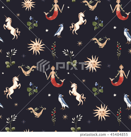Watercolor pattern with medieval illustrations-插圖素材 [45484855] - PIXTA圖庫