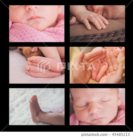 collage of photos of newborn baby:legs,hands, face collage of photos of newborn baby:legs,hands, face 45485213