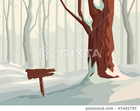 Illustration of snowy forest with wooden signpost. 45485795