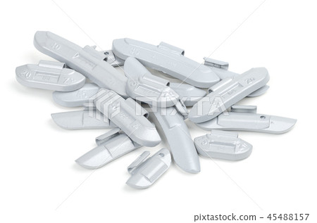Pile of clip-on zinc tire weights over white Pile of clip-on zinc tire weights over white 45488157