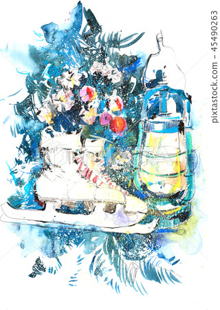 Watercolor winter New Year Christmas still life 45490263