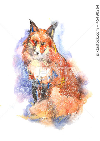 Winter portrait of red fox Watercolor illustration. 45490264