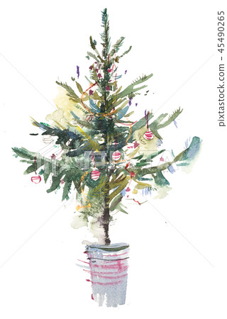 Christmas tree. New year, xmas celebration. Watercolor drawing. Watercolour painting 45490265