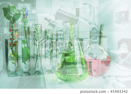 Double exposure Small plants in test tube 45493342