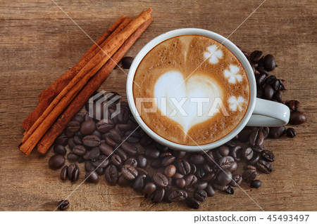 hot coffee with heart sign ,late art coffee. 45493497