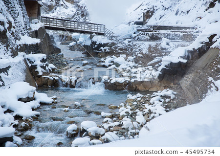 bridge over river in winter, japan bridge over river in winter, japan 45495734