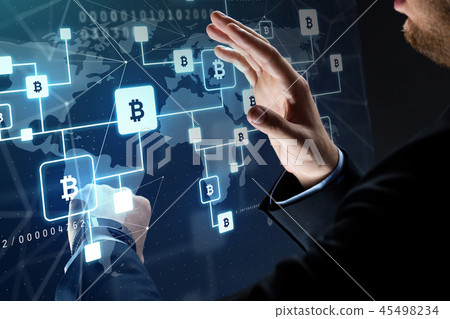close up of businessman with bitcoin block chain close up of businessman with bitcoin block chain 45498234