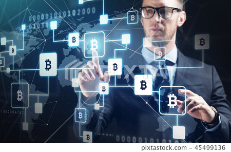 close up of businessman with bitcoin block chain 45499136