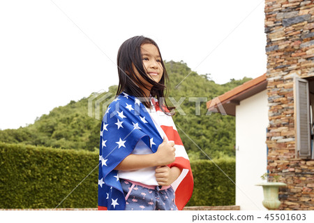 Little asian girl American flag 45501603