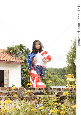 Little asian girl American flag 45501610