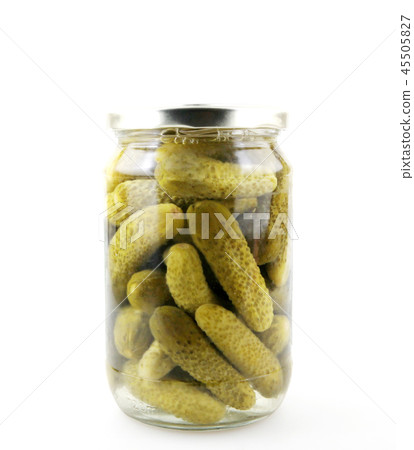 Jar Of Pickled Gherkins On White Background 45505827