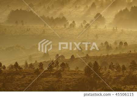 Orange colored landscape at sunrise with hills and fog Orange colored landscape at sunrise with hills and fog 45506115