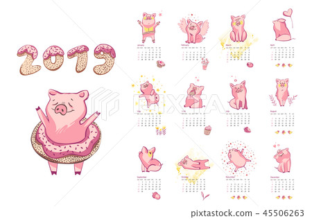 Monthly creative calendar 2019 with cute pig. Concept, vector vertical editable template. Symbol of Monthly creative calendar 2019 with cute pig. Concept, vector vertical editable template. Symbol of 45506263