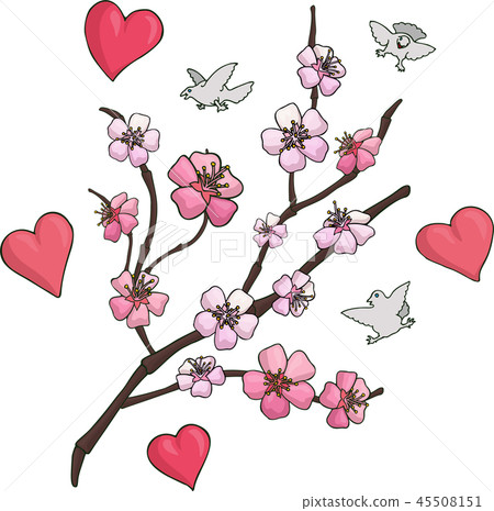 Set with pink sakura branch birds and hearts Set with pink sakura branch birds and hearts 45508151