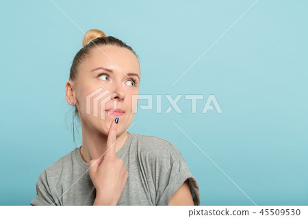 pensive thoughtful woman looking right above pensive thoughtful woman looking right above 45509530