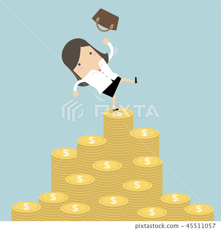 Businesswoman falling of money mountain. Businesswoman falling of money mountain. 45511057
