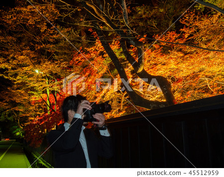 Photographer male shooting night fall foliage light up 45512959