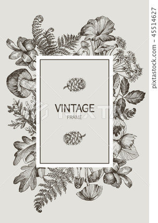 Beautiful card with a square frame with wreath of different plants of vintage garden and forest Beautiful card with a square frame with wreath of different plants of vintage garden and forest 45514627