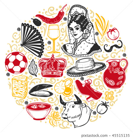 Round Composition with Spanish Symbols in Hand-Drawn Style 45515135