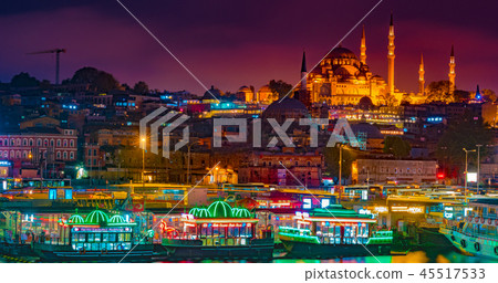 Night view to Suleymaniye Cami, from Galata Bridge, Istanbul, Turkey. 45517533
