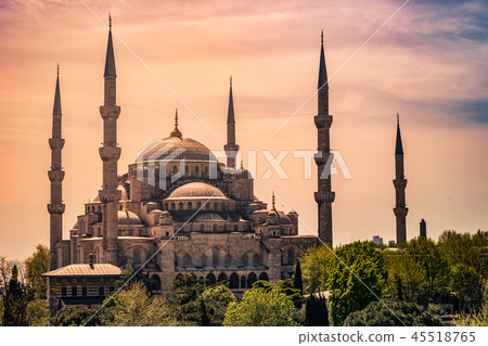 Minarets and domes of Blue Mosque with Bosporus and Marmara sea in background, Istanbul, Turkey. 45518765