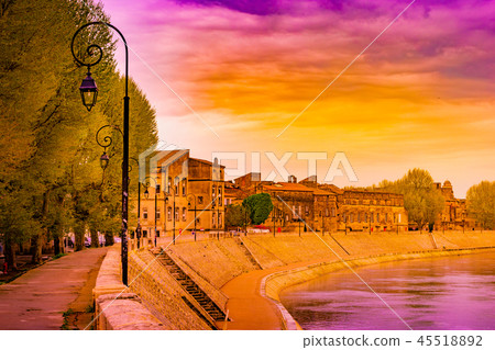 The river Rhone at Arles overlooking the old town. Buches du Rhone 45518892
