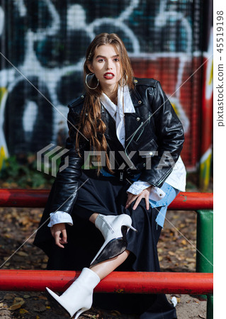 Charming beautiful photo model wearing white shirt and black jacket 45519198