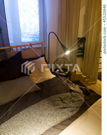 Bedroom interior with bed and light with nightstand on wall room background, Messy bed concept at Bedroom interior with bed and light with nightstand on wall room background, Messy bed concept at 45520846