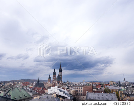 Beautiful view from the roof of the cafe to St. Mary's Basilica at the market square in Krakow 45520885