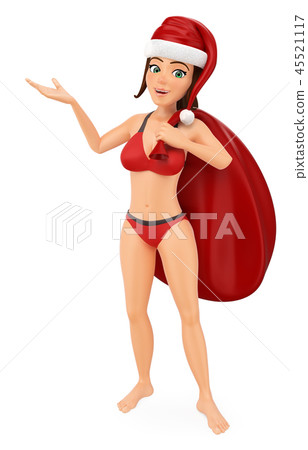 3D Woman in bikini with santa hat pointing aside 45521117