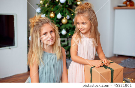 Two sisters with blond hair in luxurious dresses are sitting near the Christmas tree and looking at Two sisters with blond hair in luxurious dresses are sitting near the Christmas tree and looking at 45521901