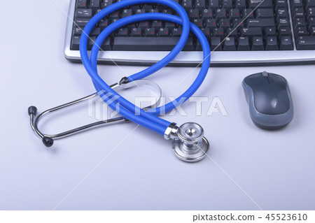 Stethoscope on modern laptop computer. rx prescription. Healthcare concept. 45523610