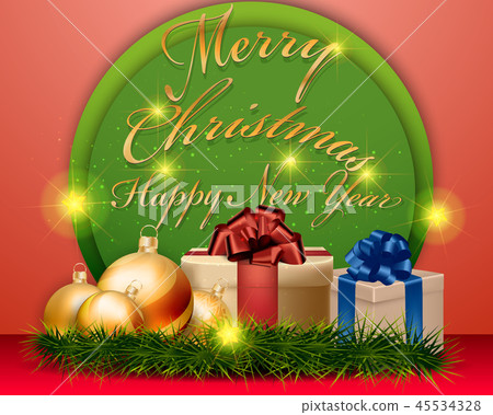 Christmas gold balls with gift boxes on background Christmas gold balls with gift boxes on background 45534328