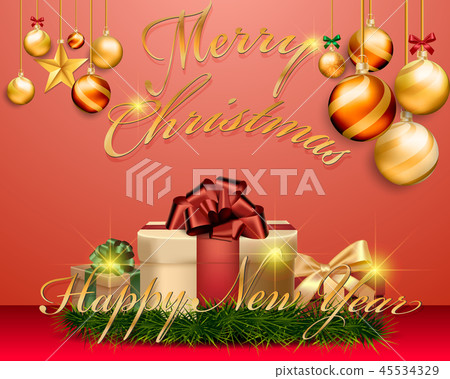 Christmas gold balls with gift boxes on background 45534329