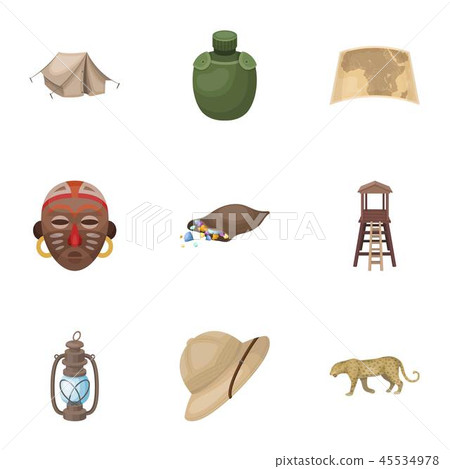 Rifle, mask, map of the territory, diamonds and other equipment. African safari set collection icons Rifle, mask, map of the territory, diamonds and other equipment. African safari set collection icons 45534978