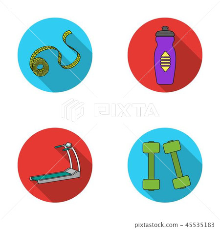 Measuring tape, water bottle, treadmill, dumbbells. Fitnes set collection icons in flat style vector 45535183