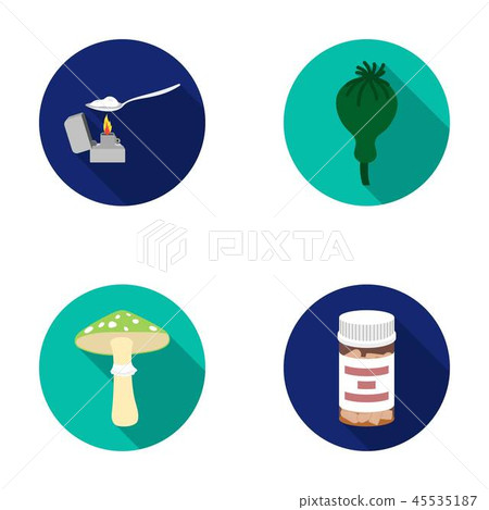 Heroin in a spoon, mushroom galyutsinogenny, opium poppy, tablets.Drugs set collection icons in flat 45535187