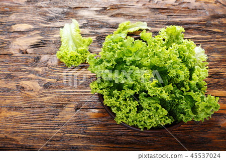 lettuce in a clay plate on a wooden table lettuce in a clay plate on a wooden table 45537024