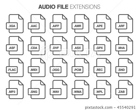 Flat style icon set. Audio, song, voice recording file type, extencion. Document format. Flat style icon set. Audio, song, voice recording file type, extencion. Document format. 45540291