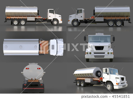 Set large white truck tanker with a polished metal trailer. Views from all sides. 3d illustration. Set large white truck tanker with a polished metal trailer. Views from all sides. 3d illustration. 45541851